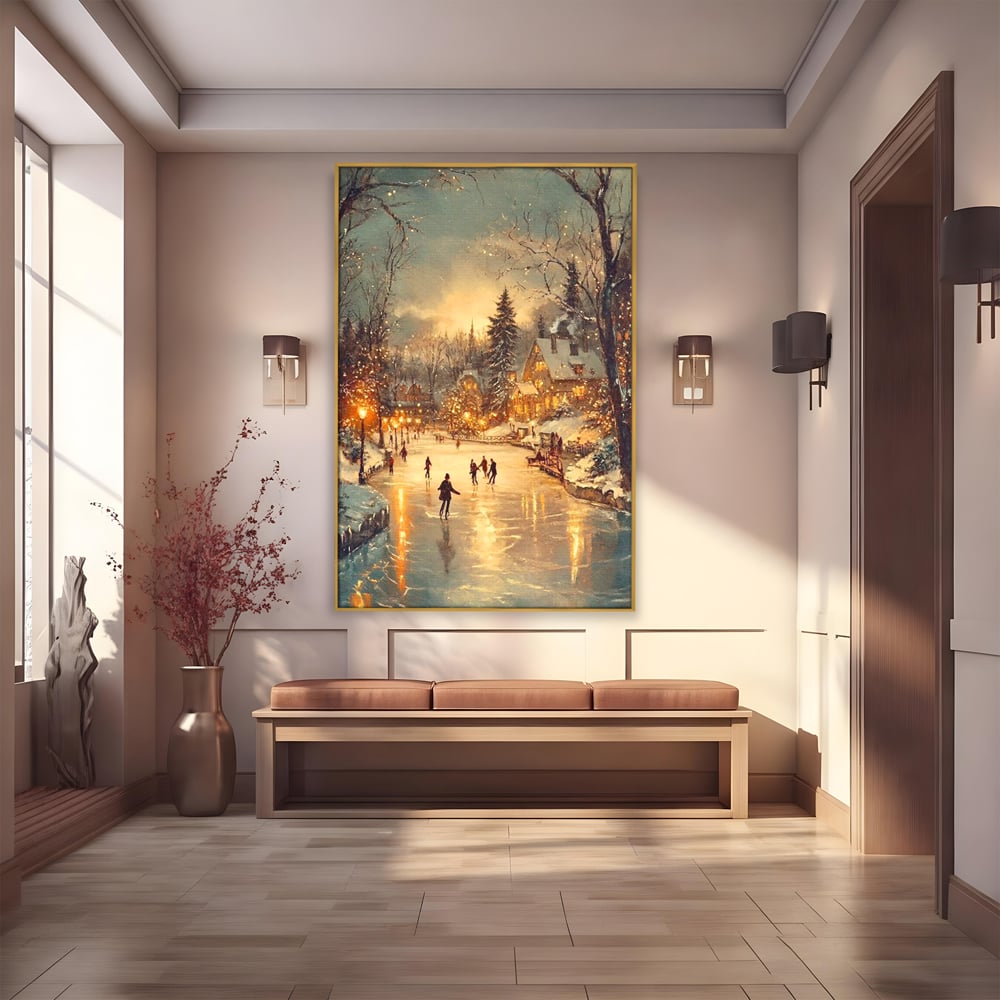 Tablou canvas cu pictura cu patinatori pe gheata de iarna, in rama de aluminiu auriu